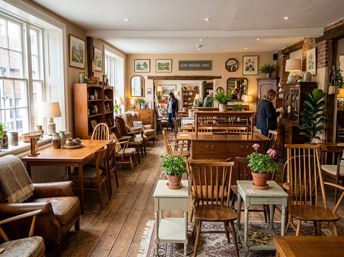 Interior of a second-hand furniture shop with various wooden chairs, tables, and cabinets displayed under natural light.
