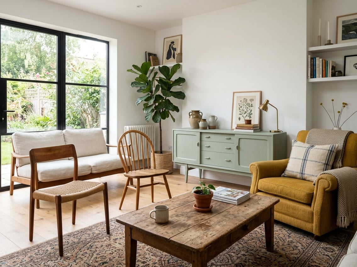 A living room with various restored and upcycled furniture pieces including wooden chairs, a painted sideboard, a reclaimed wood coffee table, and an armchair, illuminated by natural light from large windows.