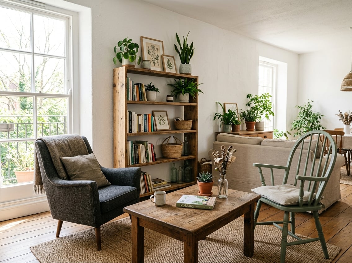 A bright room with second-hand wooden furniture, plants, and natural light creating a warm and inviting atmosphere.