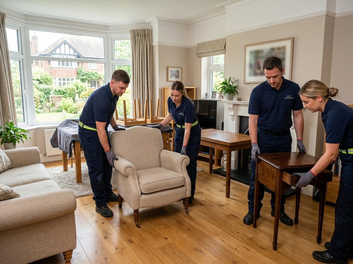 Workers carefully moving furniture during a house clearance inside a residential home.