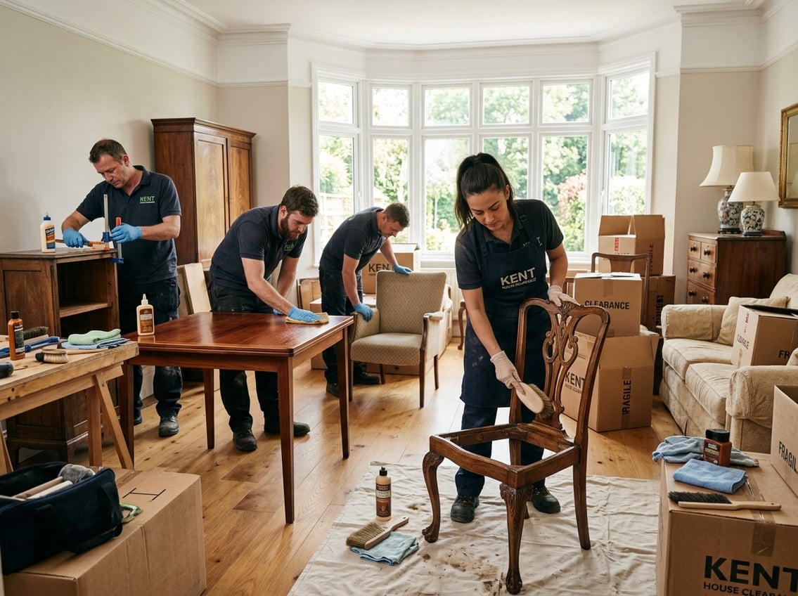 Workers carefully cleaning and restoring furniture inside a bright home during a house clearance.