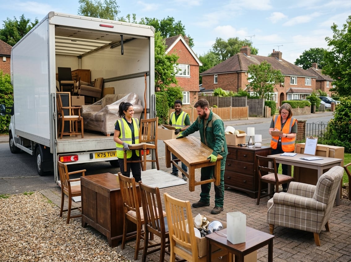 People loading used furniture onto a truck outside houses in a suburban street.