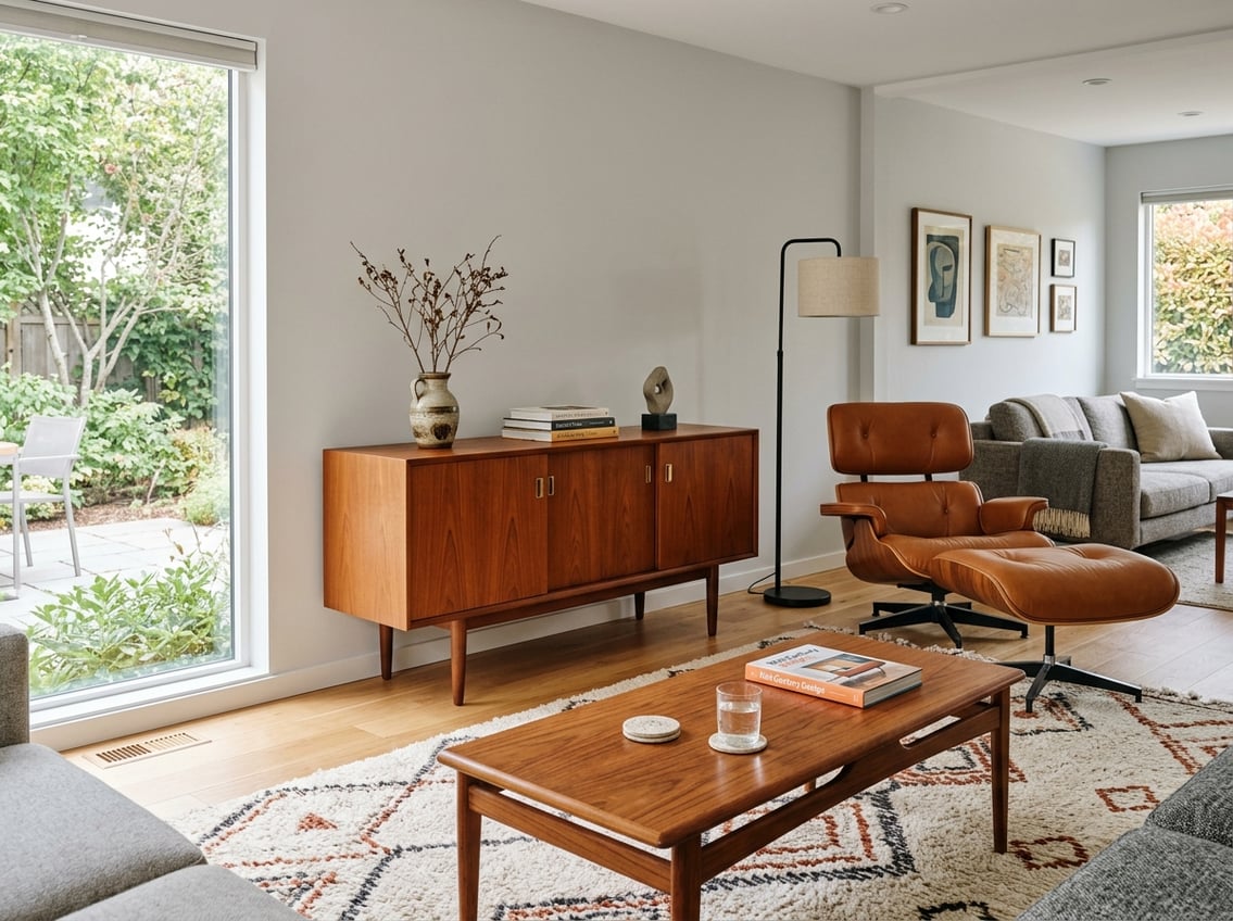 A bright living room with wooden furniture including a sideboard, lounge chair, and coffee table, arranged with decorative items and natural light coming through windows.