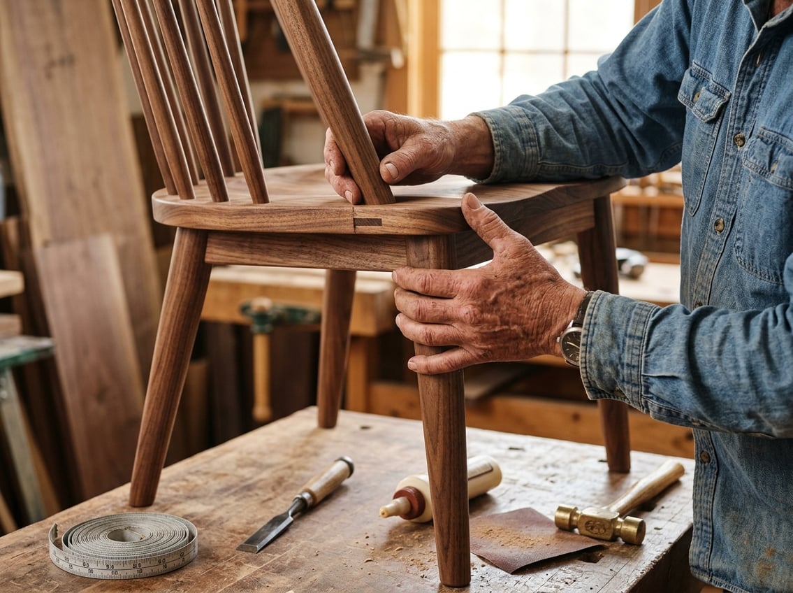 Close-up of hands inspecting a wooden piece of furniture with woodworking tools nearby on a table.