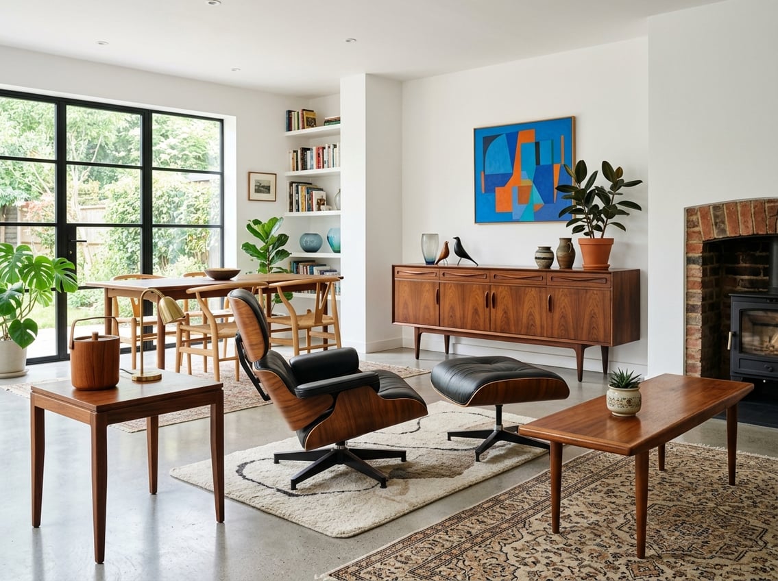 A well-lit room displaying a collection of classic wooden furniture including chairs, tables, and cabinets arranged neatly with plants and artwork in the background.