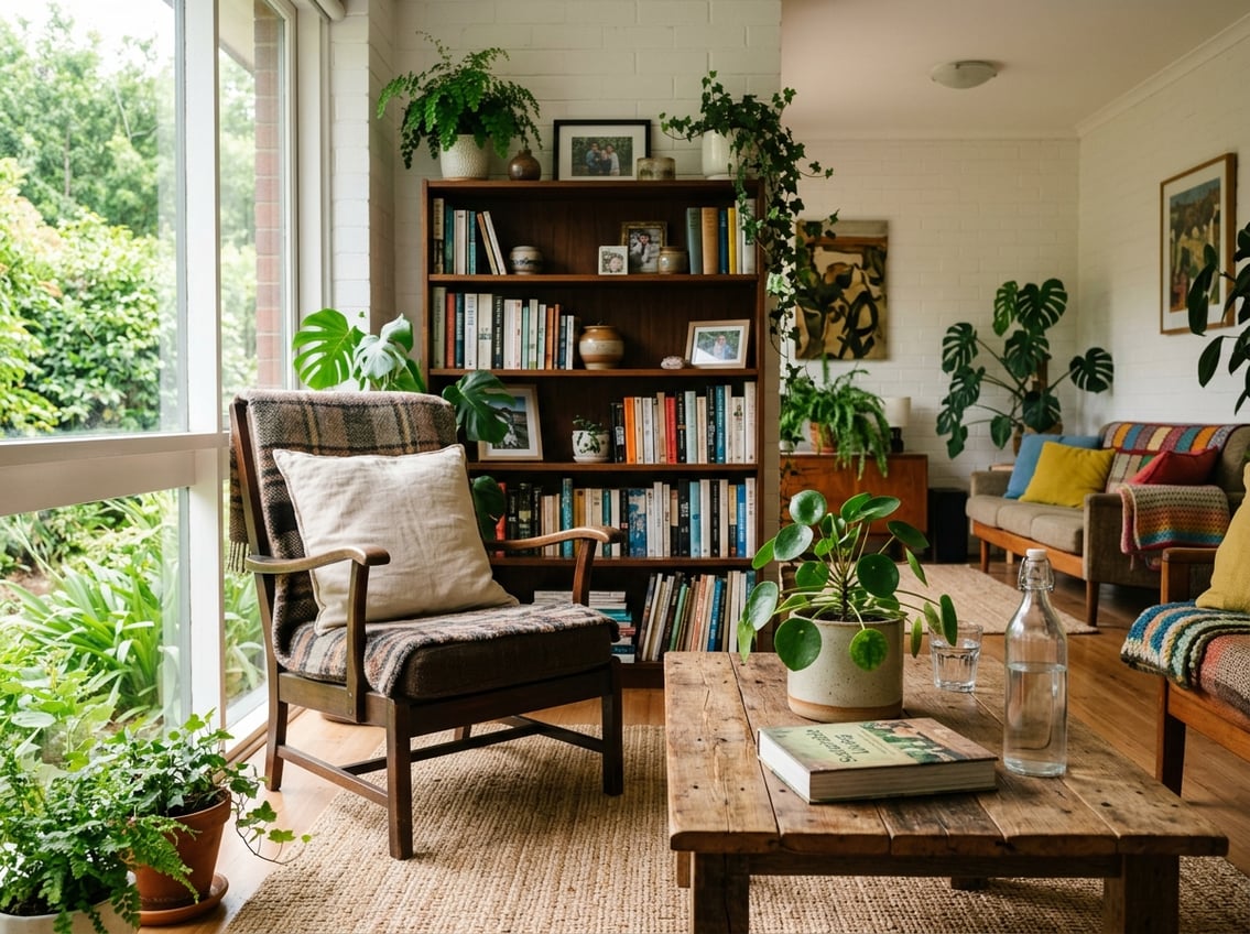 A bright living room with vintage wooden furniture, plants, and natural light, showing a comfortable and eco-friendly space.