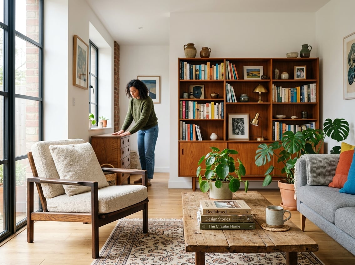 A person examining second-hand furniture in a bright living room filled with reused wooden chairs, a coffee table, and a bookshelf.