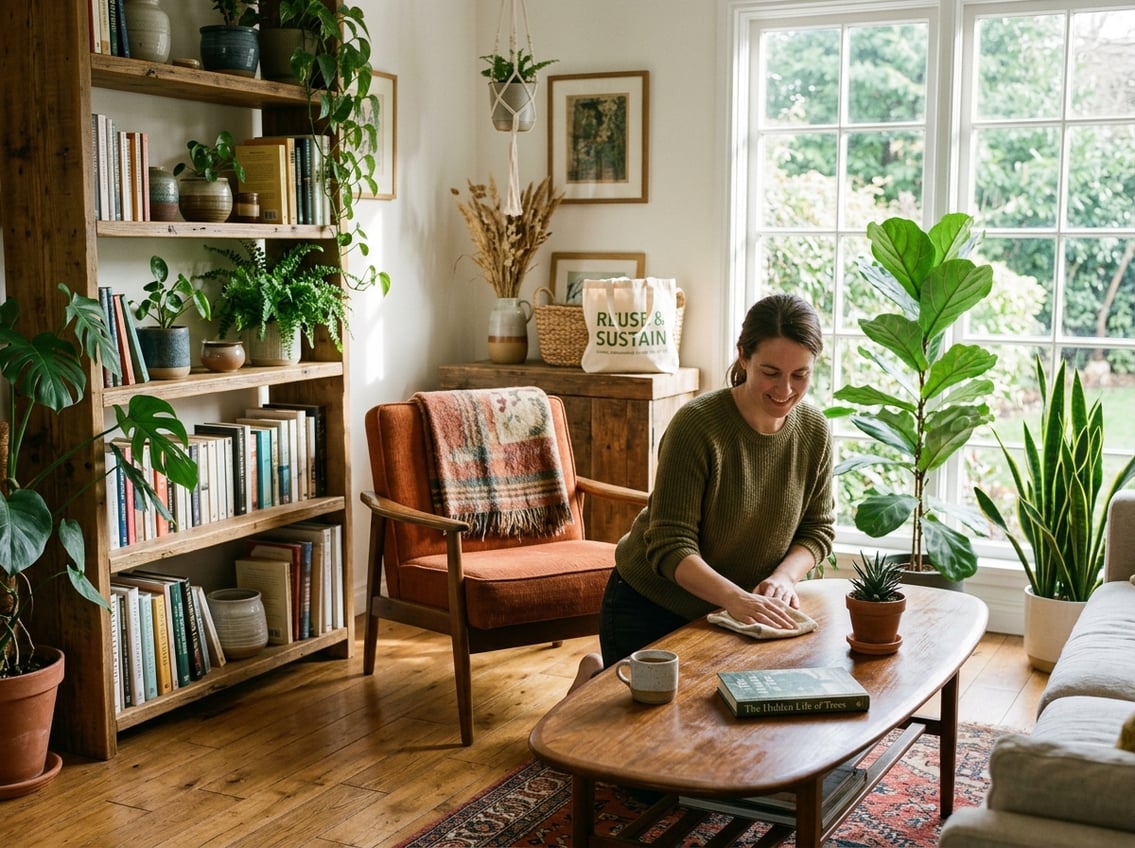 A person polishing a wooden coffee table in a bright living room with second-hand furniture and green plants.