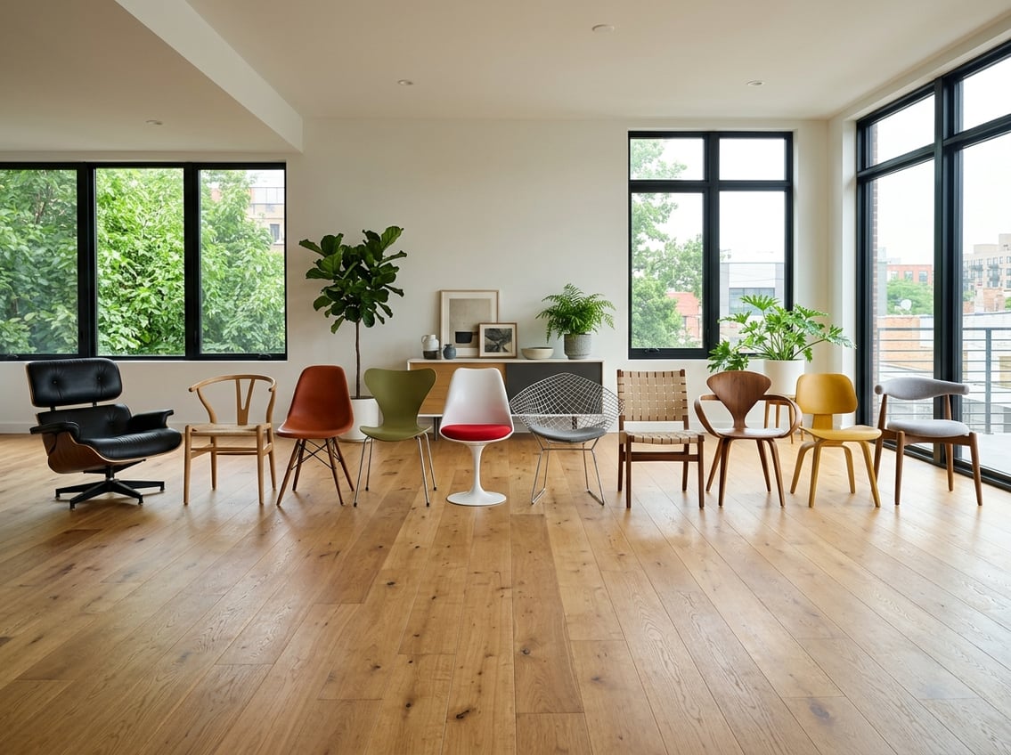 A bright room displaying ten different chairs arranged neatly, each with unique wooden frames and fabric seats, set against wooden flooring and large windows.