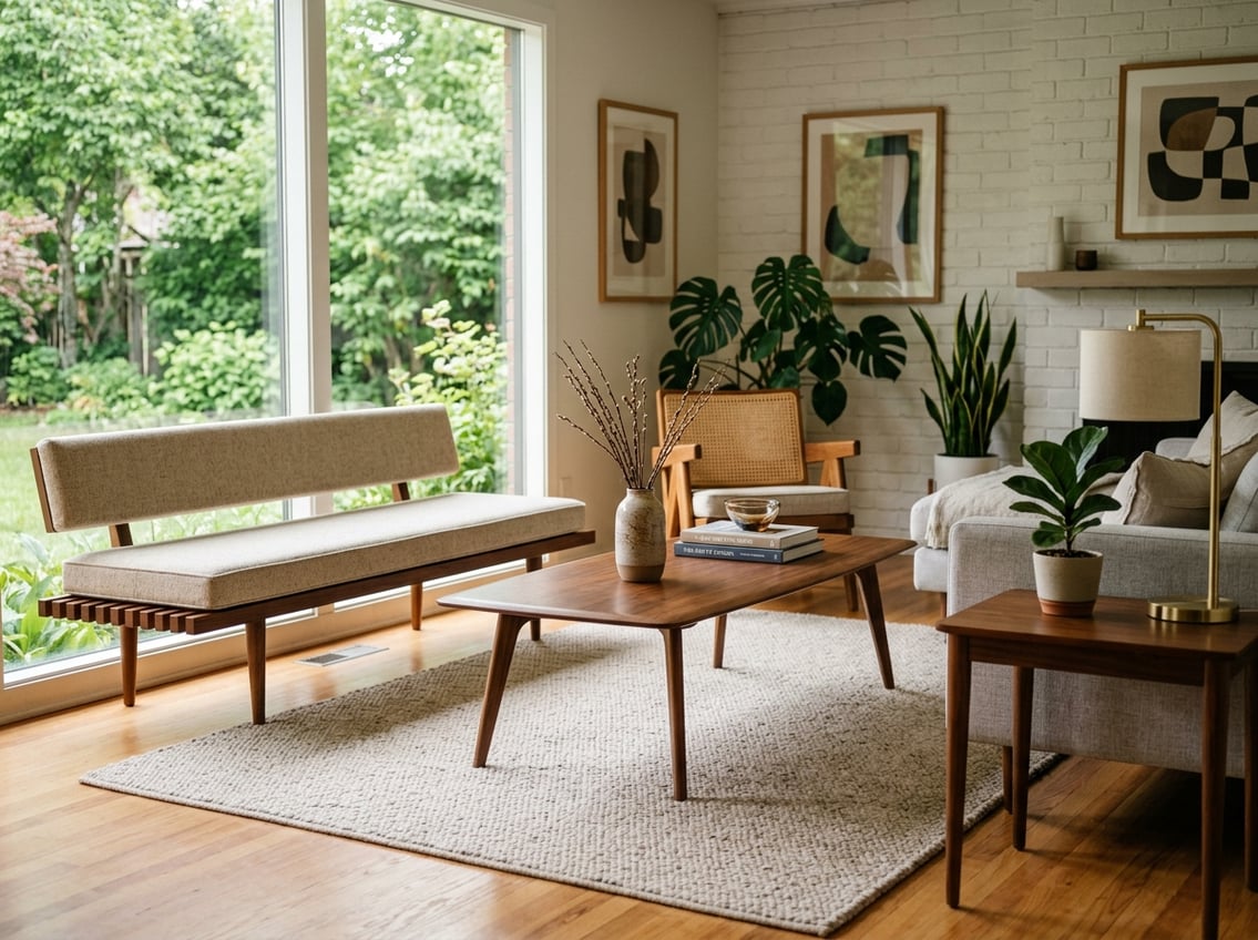 A bright living room with wooden tables and benches arranged neatly, featuring natural light and simple décor.