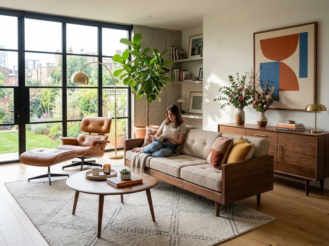A bright living room with a sofa and a wooden sideboard, decorated with a vase of flowers and plants.