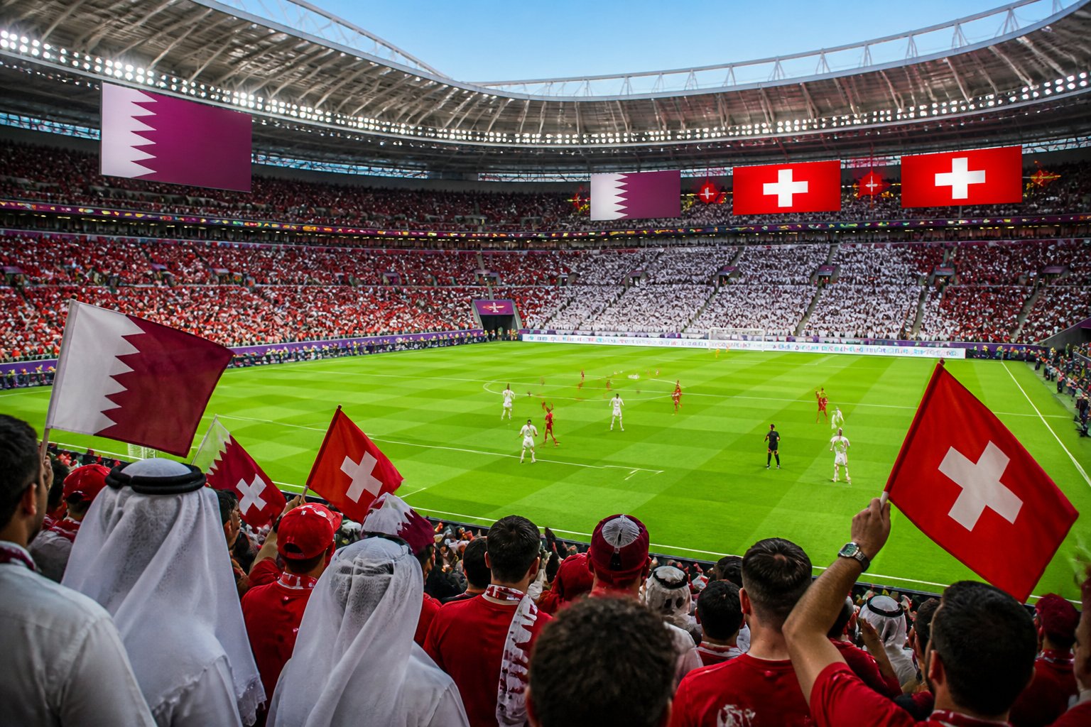 Katar ve İsviçre takımları arasında bir Dünya Kupası maçında futbolcular hareket halinde, tribünler dolu ve canlı bir stadyum sahnesi.