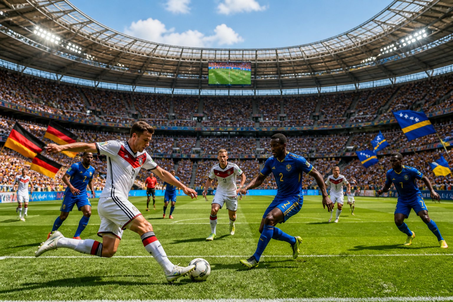 Almanya ve Curaçao takımlarının maç yaptığı, dolu bir stadyumda futbolcuların sahada mücadele ettiği bir sahne.