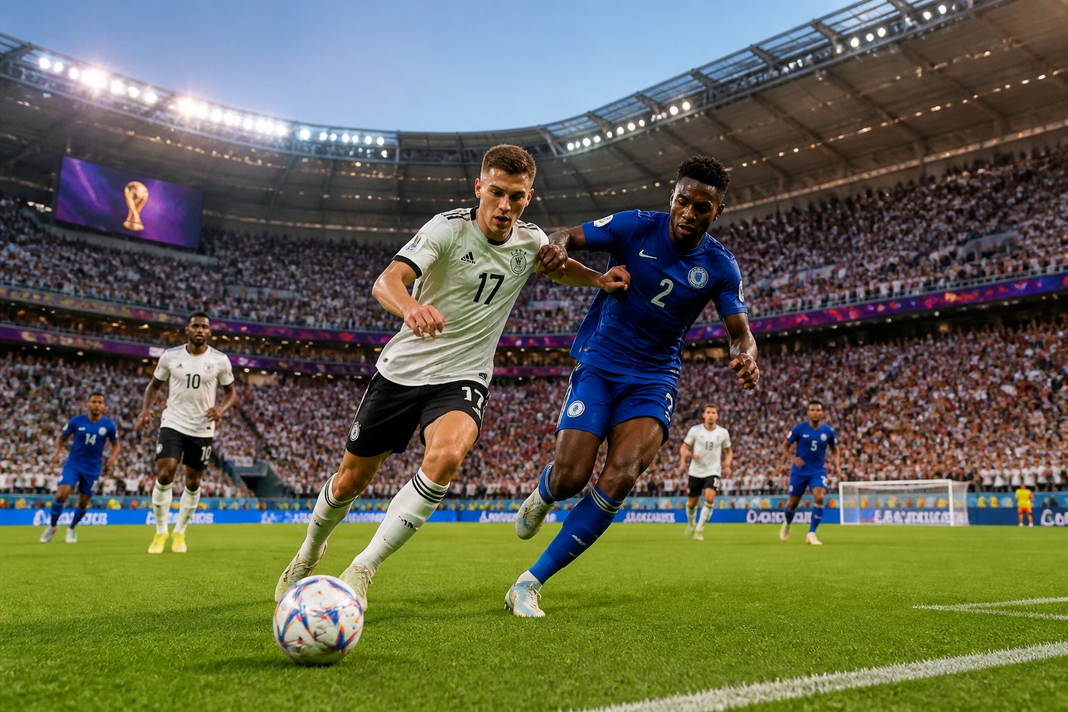 Almanya ve Curaçao futbol takımları, kalabalık bir stadyumda maç yapıyor.
