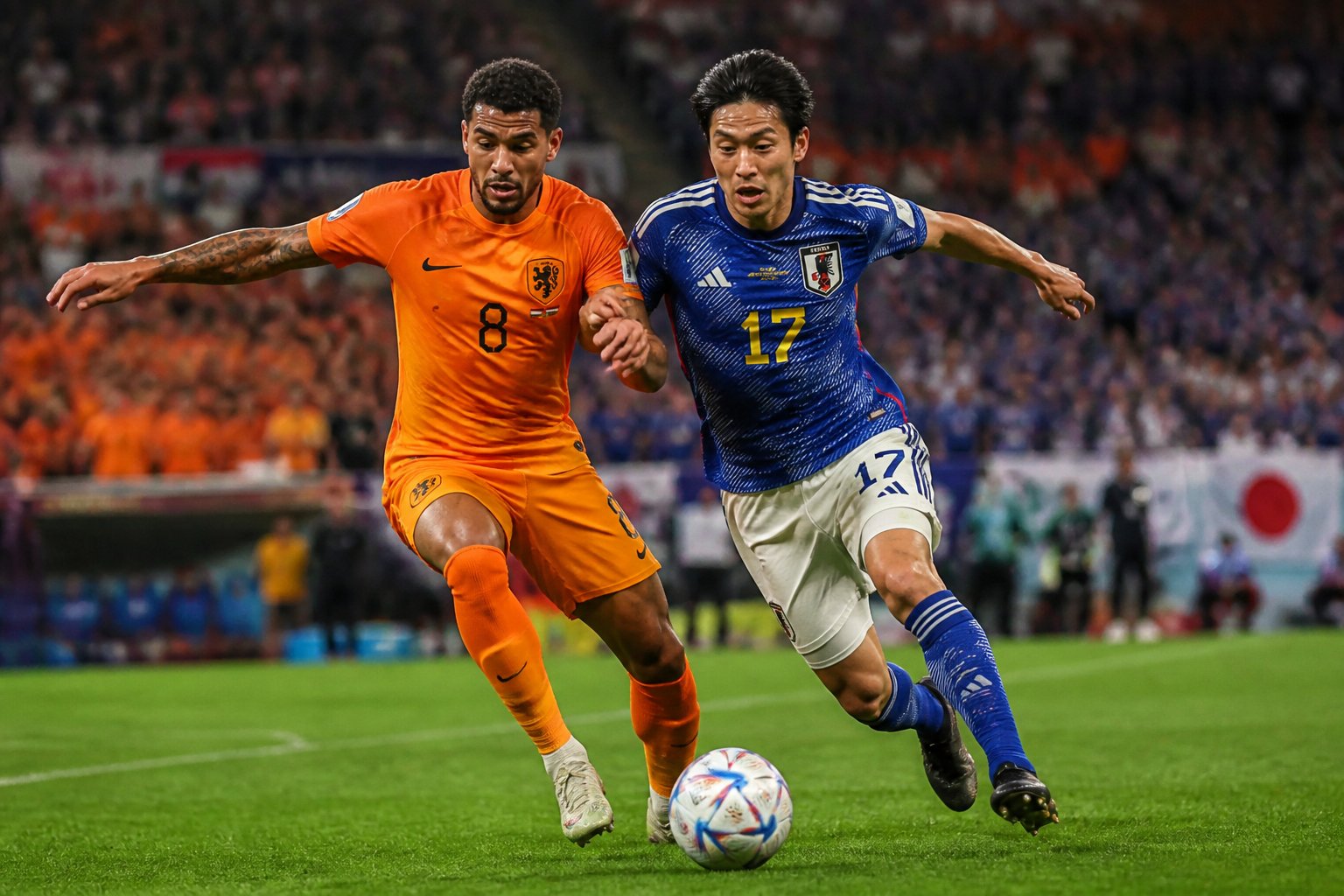 Hollanda ve Japonya futbol takımları Dünya Kupası maçında sahada mücadele ediyor.
