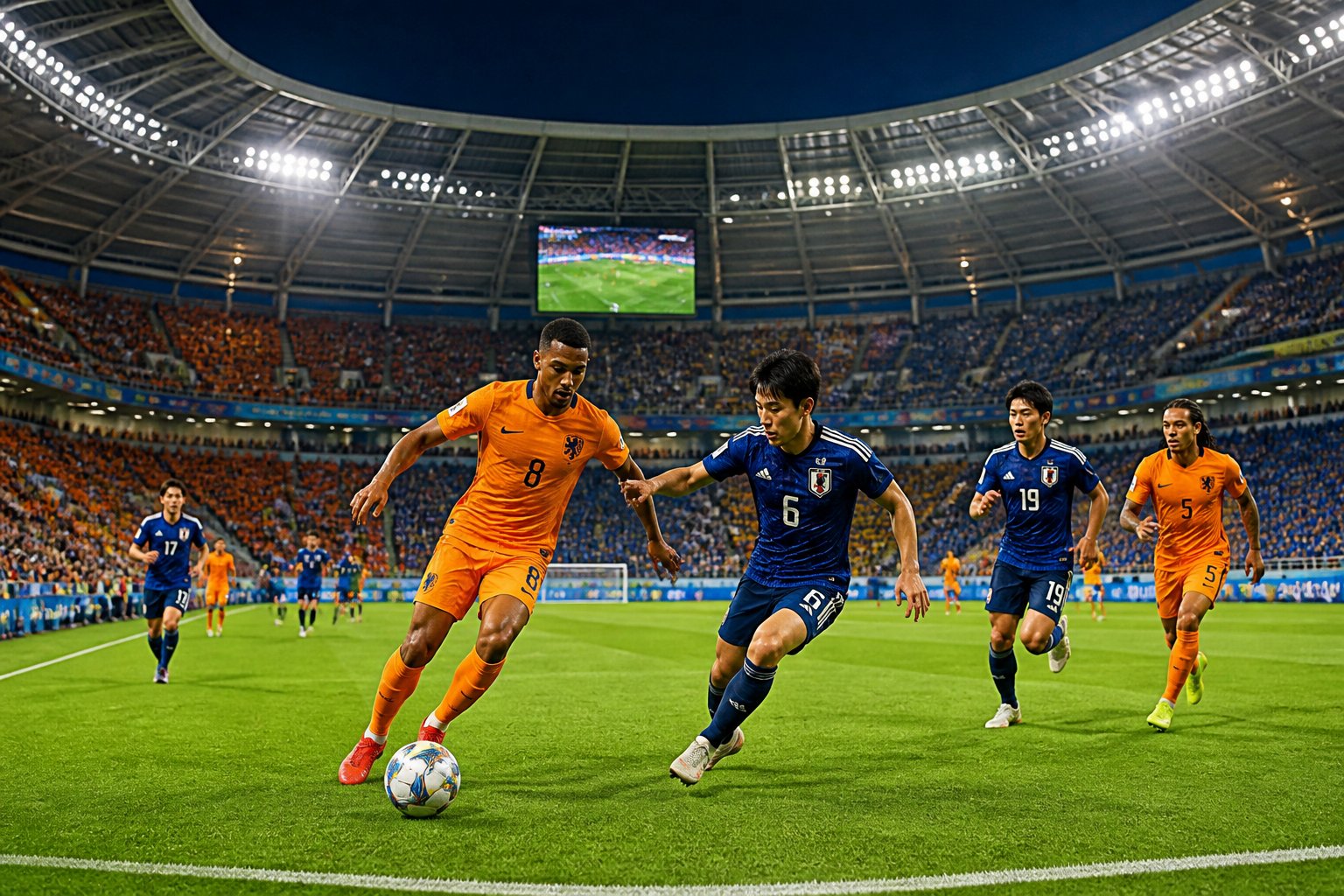 Hollanda ve Japonya futbol takımları, kalabalık bir stadyumda maç yapıyor, taraftarlar takımlarını destekliyor.