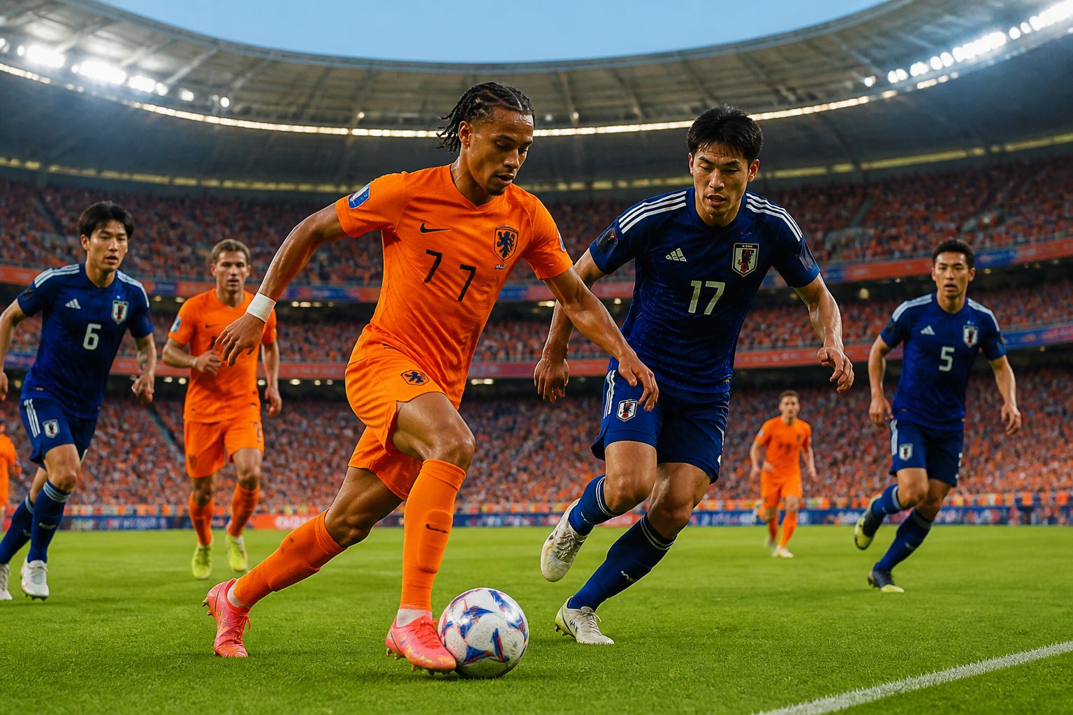 Hollanda ve Japonya takımlarının futbol maçında mücadele ettiği, kalabalık bir stadyumda oynanan Dünya Kupası maçı sahnesi.
