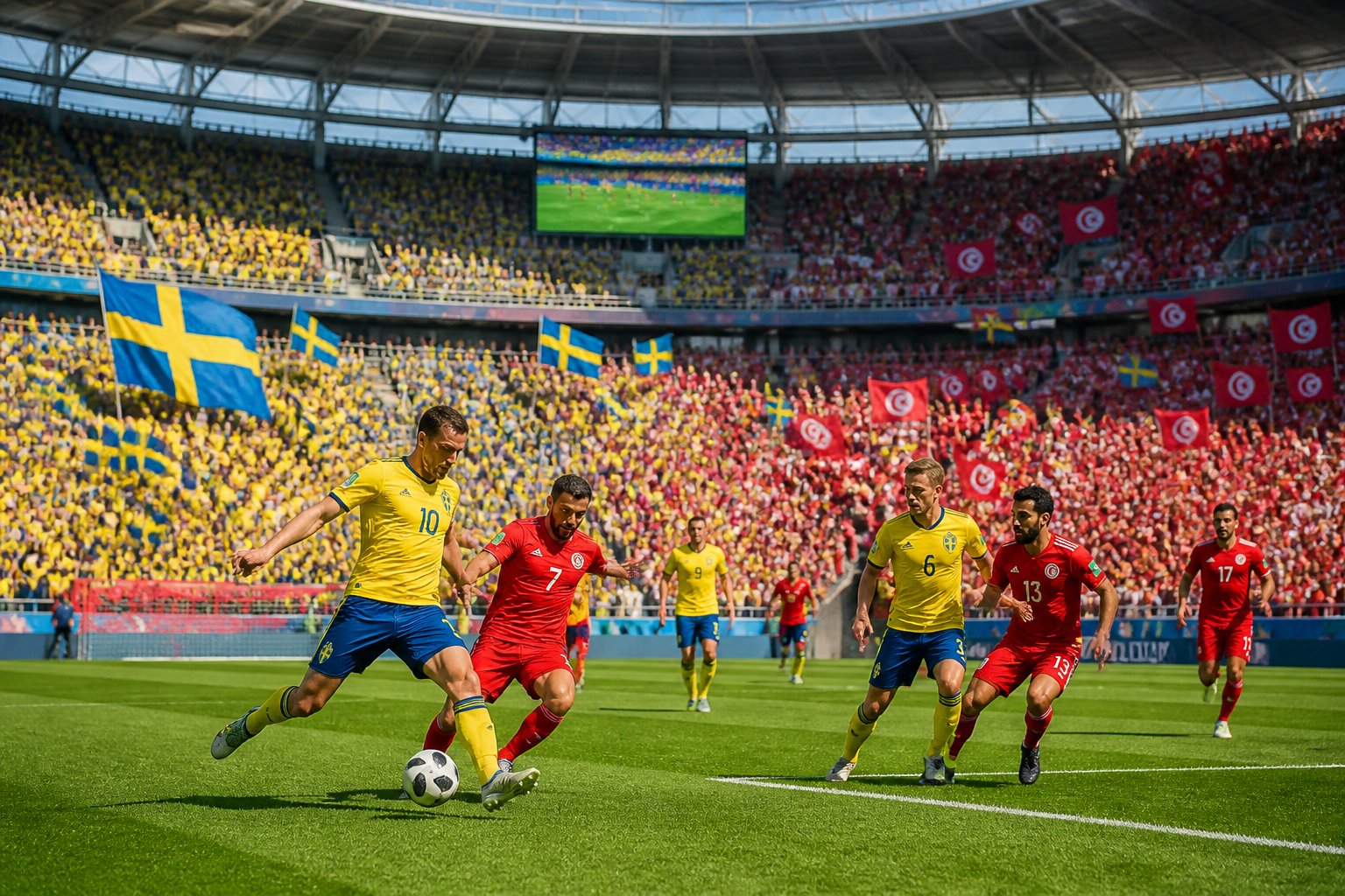 İsveç ve Tunus takımlarının maç yaptığı, kalabalık seyircilerle dolu büyük bir futbol stadyumu.