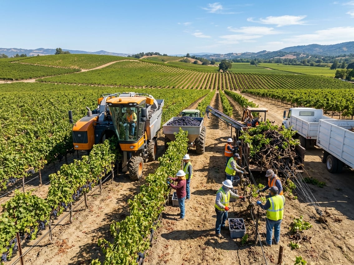 Workers removing grapevines and harvesting grapes in a large California vineyard with rolling hills in the background under a clear sky.