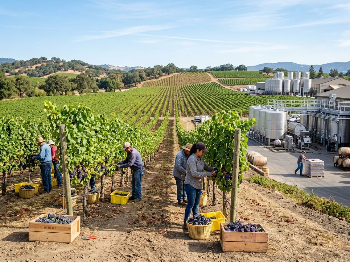 Workers harvesting grapes in a large California vineyard near a wine production facility during early harvest season.