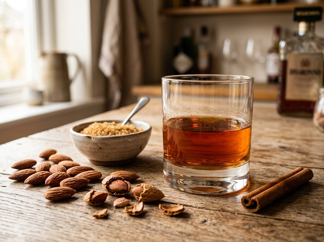 Glass of amber amaretto liqueur with almonds, brown sugar, and cinnamon on a wooden table.