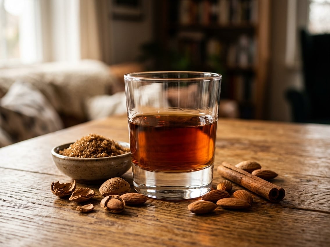 A glass of amber amaretto liqueur on a wooden surface surrounded by almonds, brown sugar, and a cinnamon stick.