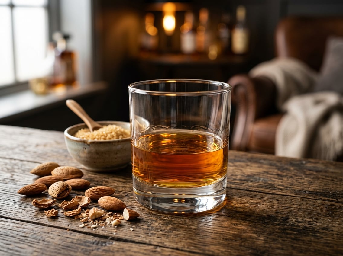 A glass of amber amaretto liqueur on a wooden table with almonds and brown sugar around it.