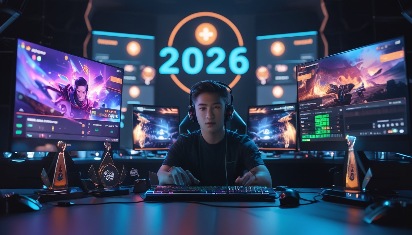 Seorang gamer muda duduk di depan meja dengan beberapa monitor yang menampilkan permainan esports dan elemen taruhan, di ruangan dengan pencahayaan RGB dan perlengkapan gaming.