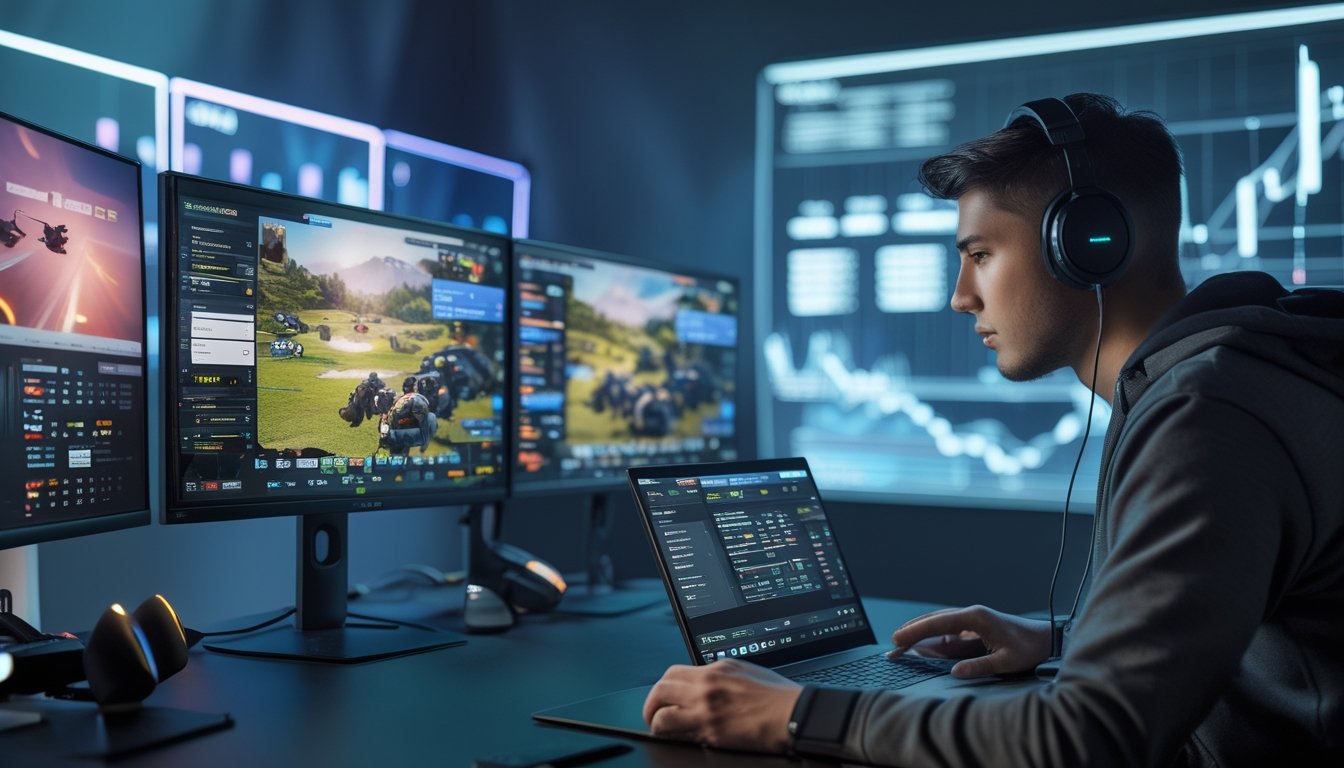 Seorang dewasa muda sedang menggunakan laptop di depan beberapa monitor yang menampilkan permainan esports dan informasi taruhan.