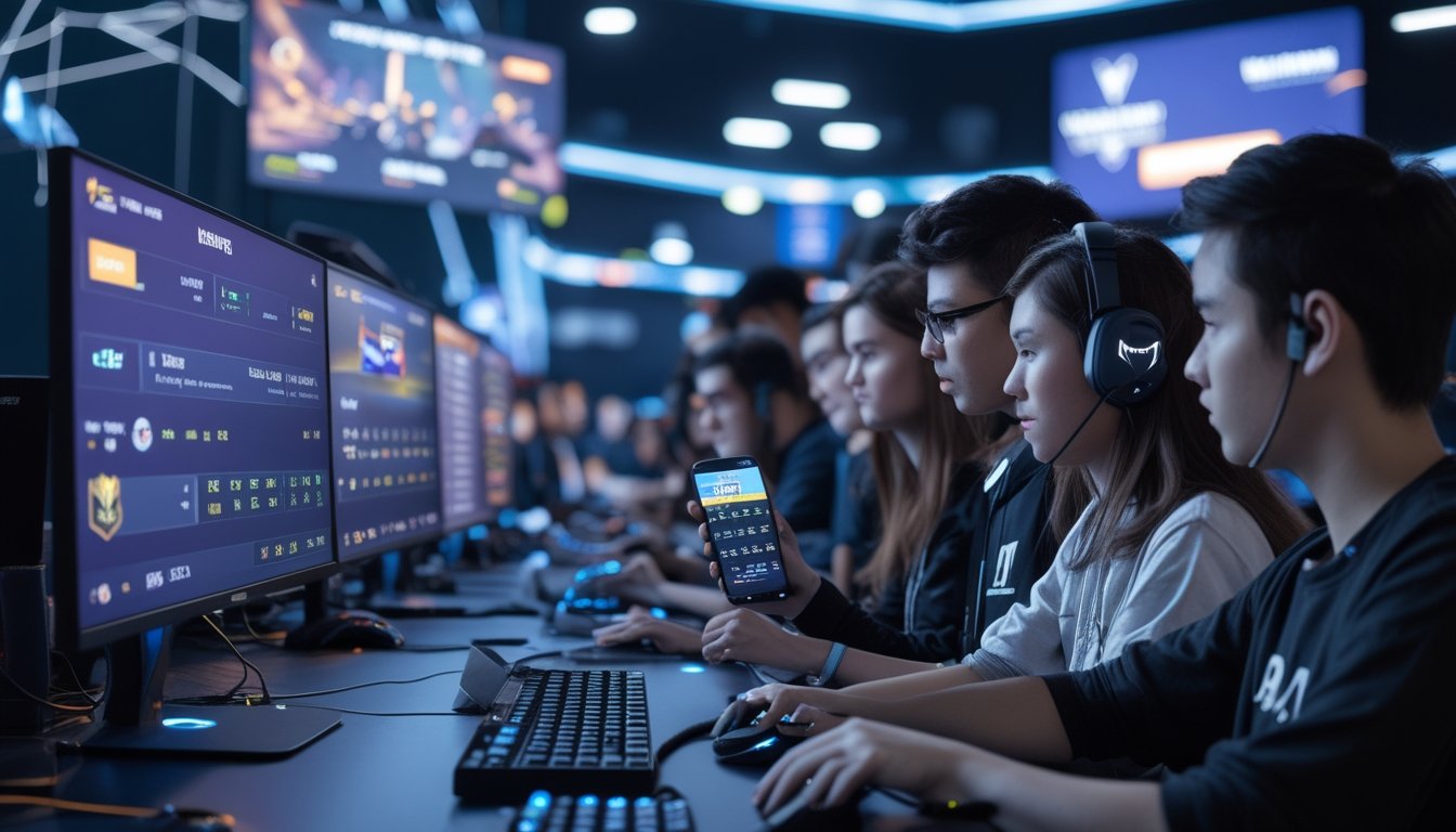 Sekelompok orang muda sedang bermain dan bertaruh pada pertandingan Mobile Legends dan Valorant di sebuah ruang esports modern.