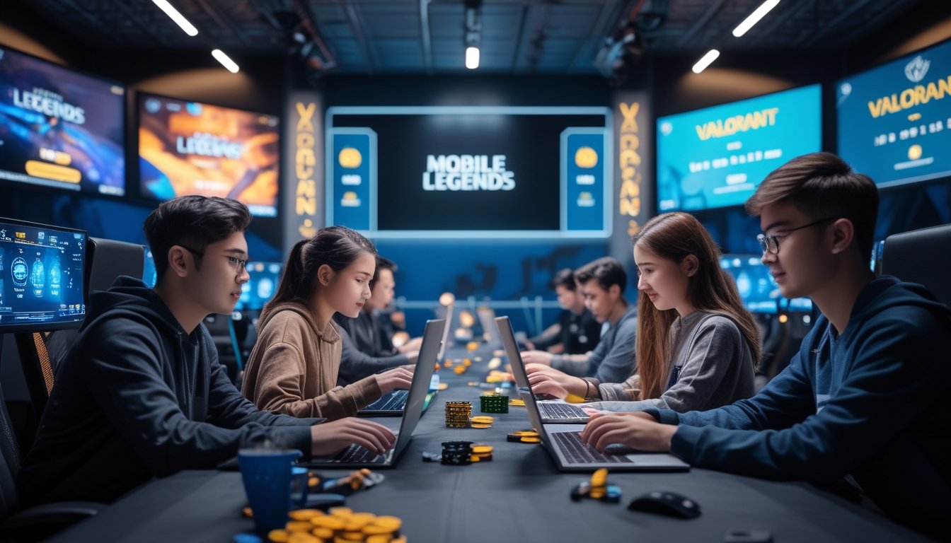 Sekelompok orang muda sedang menggunakan laptop dan ponsel untuk berjudi pada pertandingan Mobile Legends dan Valorant di sebuah ruangan dengan layar komputer yang menampilkan permainan tersebut.