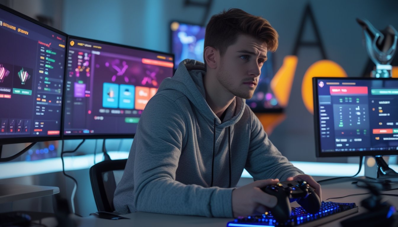 Seorang pria muda duduk di meja gaming dengan beberapa monitor yang menampilkan permainan esports dan aplikasi taruhan, terlihat fokus dan sedikit khawatir.