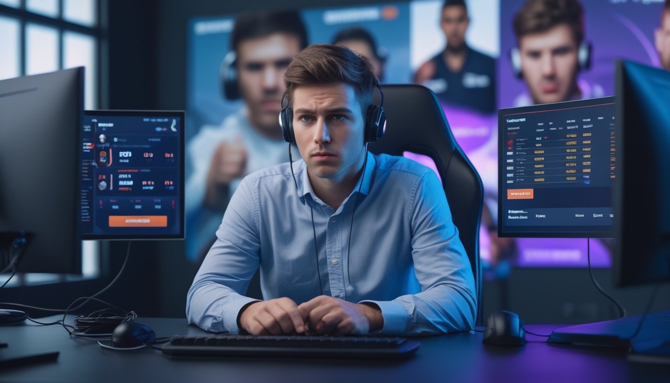 Seorang pria muda duduk di meja dengan beberapa monitor komputer yang menampilkan permainan esports dan aplikasi taruhan, terlihat serius dan berpikir.