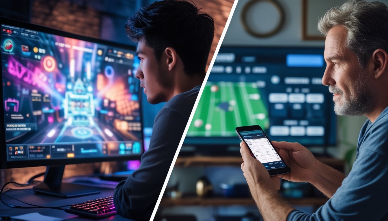 Dua pria sedang fokus pada layar yang menayangkan permainan esports dan pertandingan olahraga tradisional.