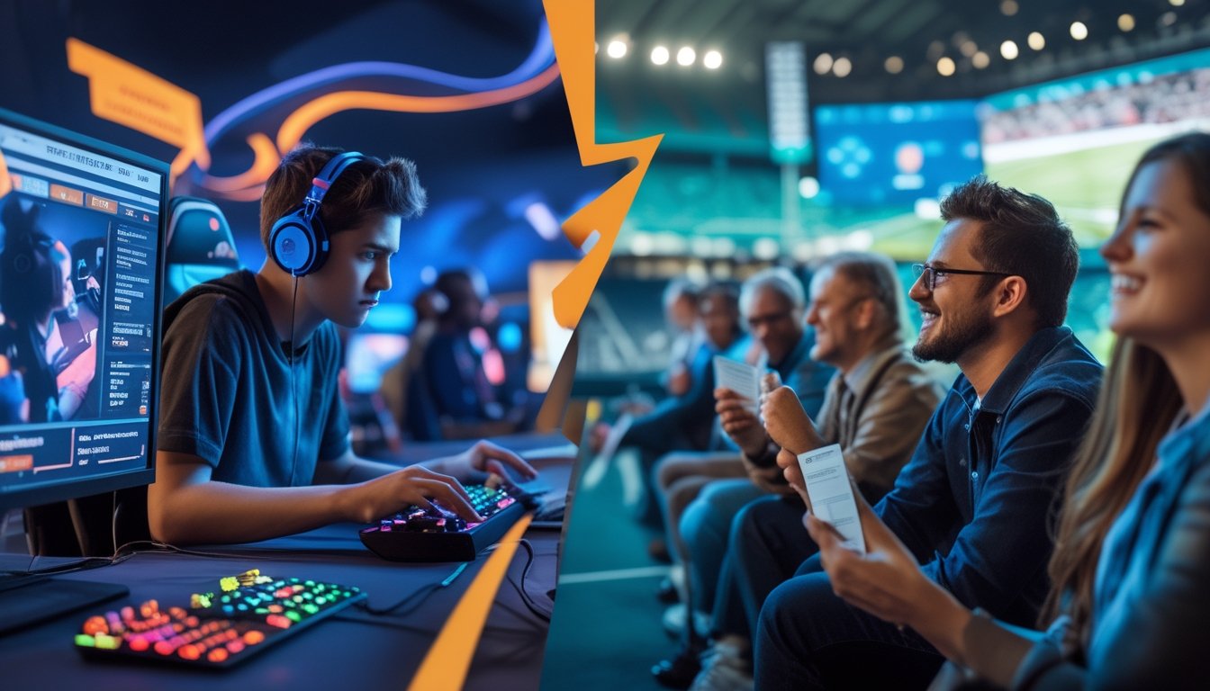 Seseorang bermain game esports di komputer dan sekelompok orang menonton pertandingan olahraga tradisional di stadion besar.