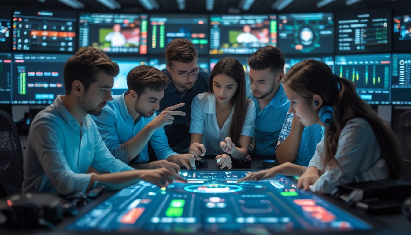 Tim analis esports sedang berdiskusi di sekitar meja digital dengan layar menampilkan statistik dan data permainan.