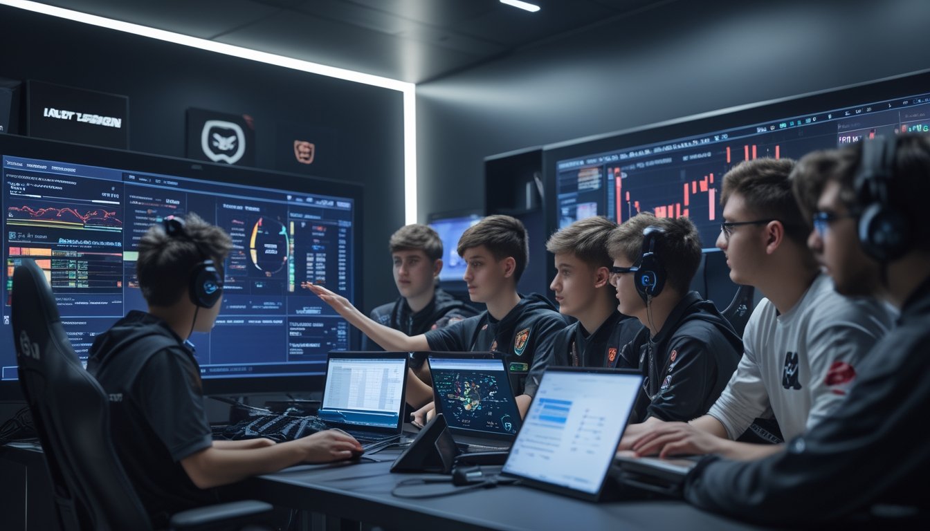 Sekelompok pemain dan analis esports sedang berdiskusi di ruangan gaming dengan layar besar menampilkan statistik dan grafik permainan.