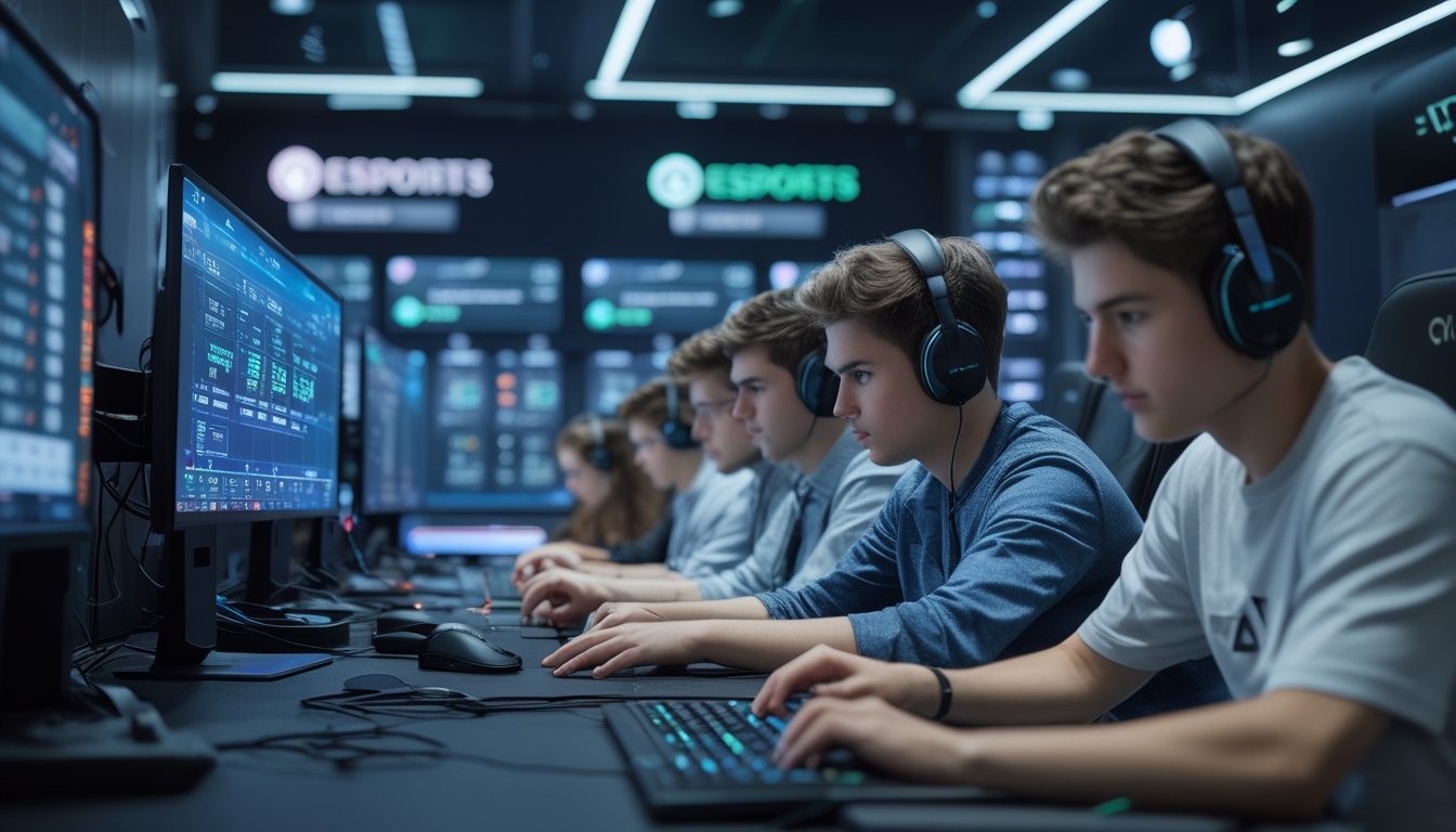 Beberapa pemain muda fokus di depan layar komputer dengan tampilan permainan esports dan data taruhan di ruangan berteknologi tinggi.