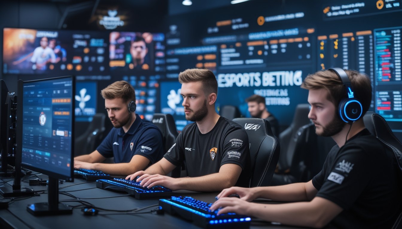 Sejumlah pemain esports profesional sedang fokus melihat layar komputer yang menampilkan permainan dan pasar taruhan esports di sebuah ruangan gaming modern.