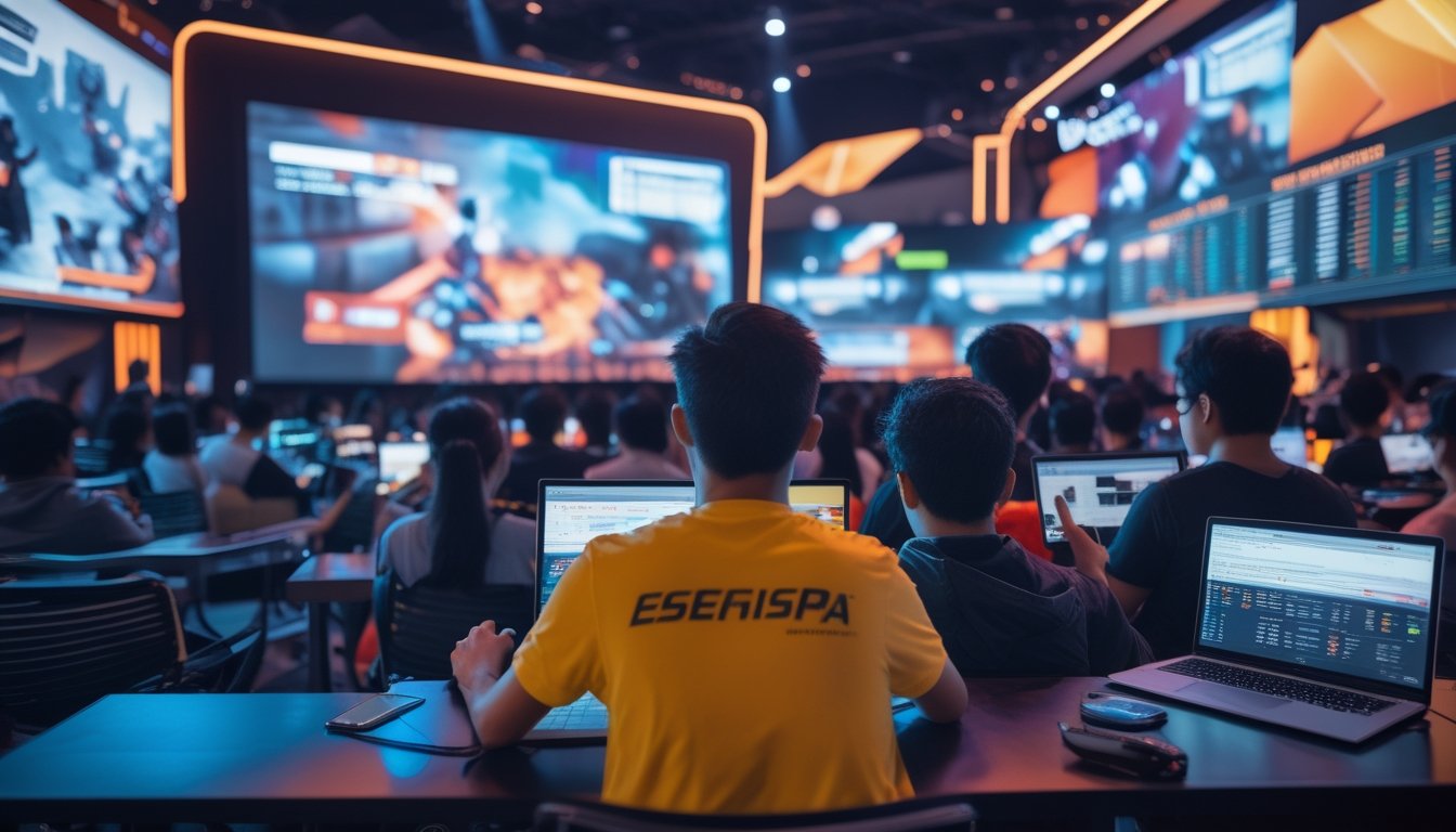 Sekelompok orang muda di arena esports yang sibuk, menonton pertandingan dan menggunakan perangkat untuk memasang taruhan.