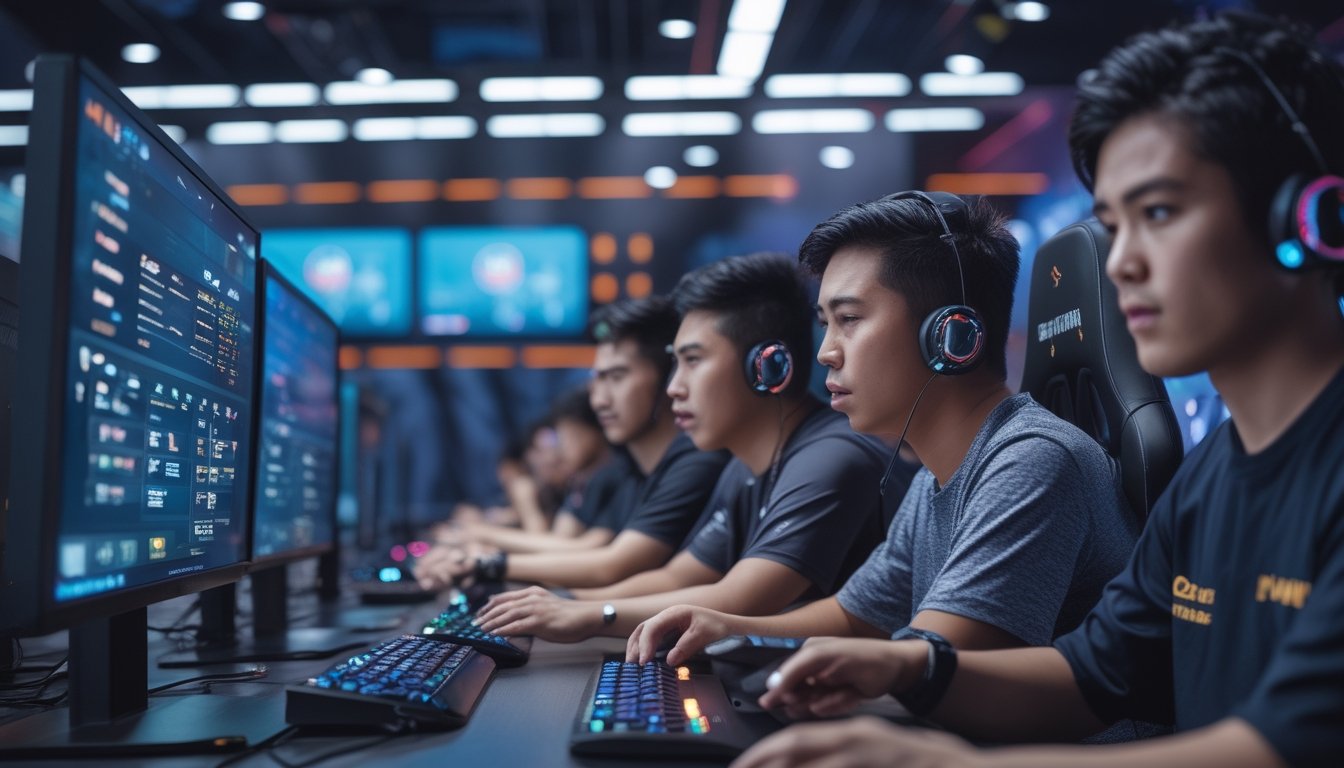 Sekelompok orang muda Asia Tenggara sedang bermain dan bertaruh pada pertandingan esports di ruang game modern dengan layar besar dan pencahayaan warna-warni.