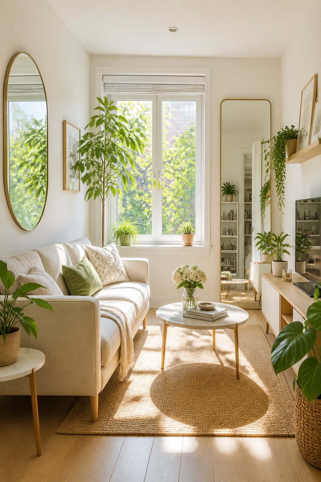 A small, sunlit living room with mirrors reflecting light, light-colored walls, minimalist furniture, and green plants.