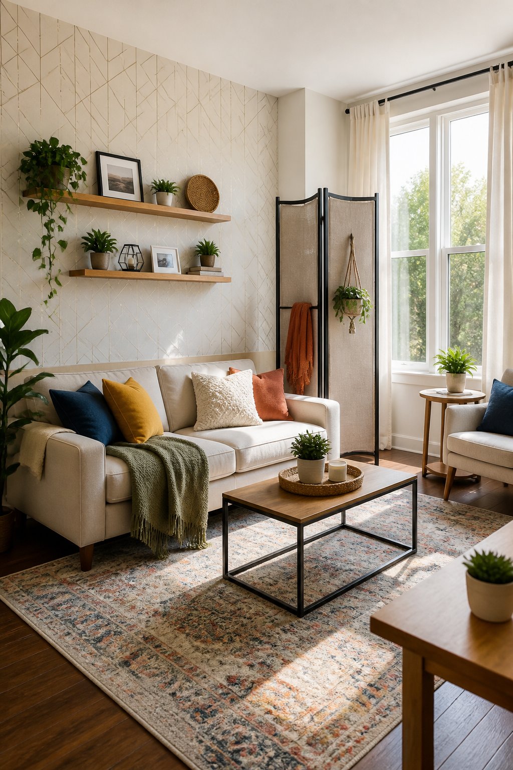 A bright living room with removable wallpaper, colorful pillows, potted plants, and floating shelves, showing easy home decor ideas for renters.