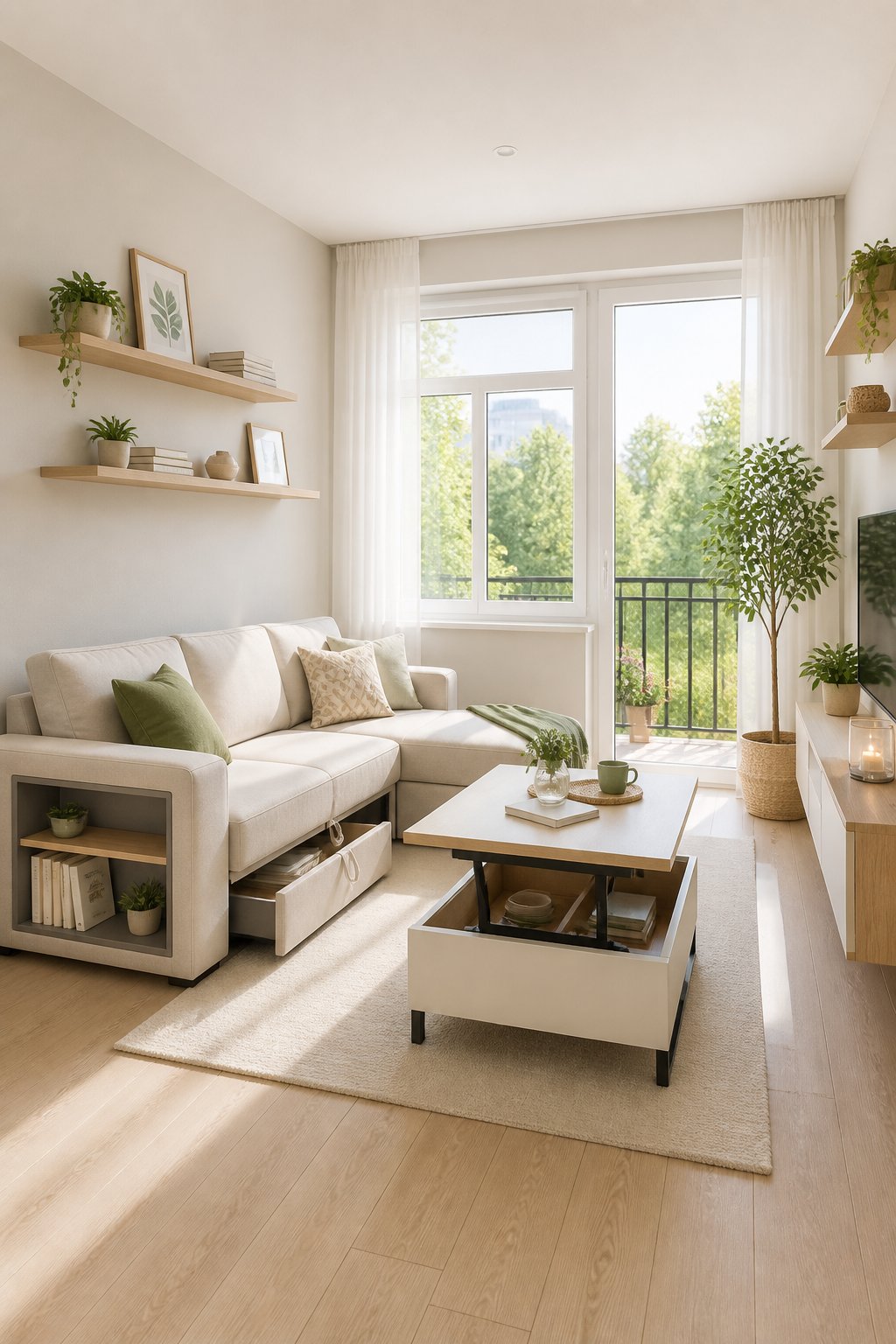 A bright living room with compact furniture, large windows, and minimal decor creating an open and spacious feel.