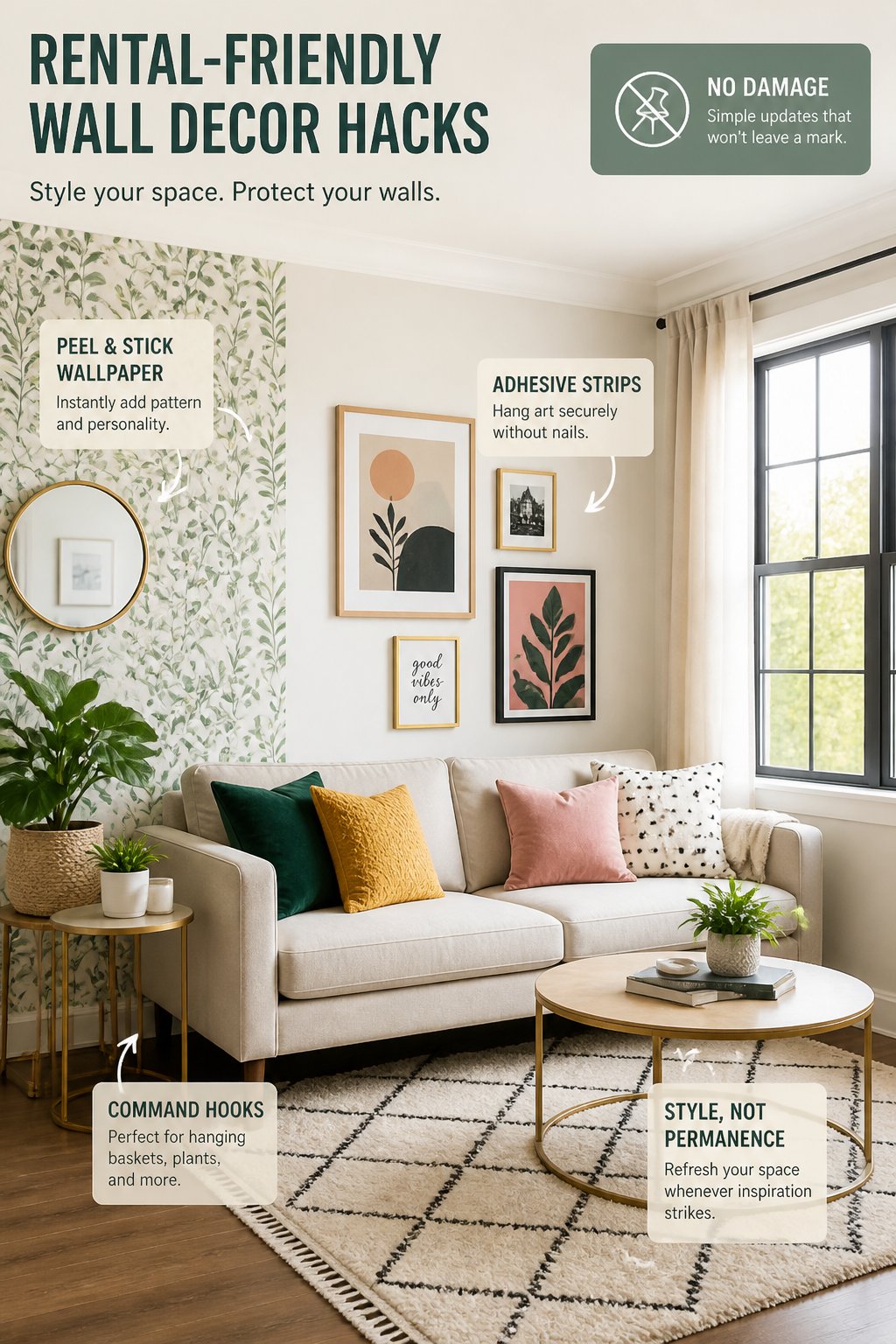 Living room with removable wall decor, sofa with pillows, and indoor plant by a window.