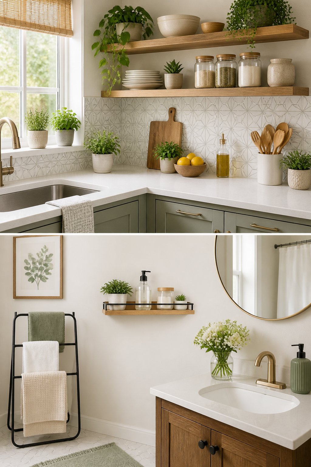Bright kitchen and bathroom with removable decor upgrades like peel-and-stick tiles, potted herbs, open shelves, towel rack, and wall shelf with toiletries.