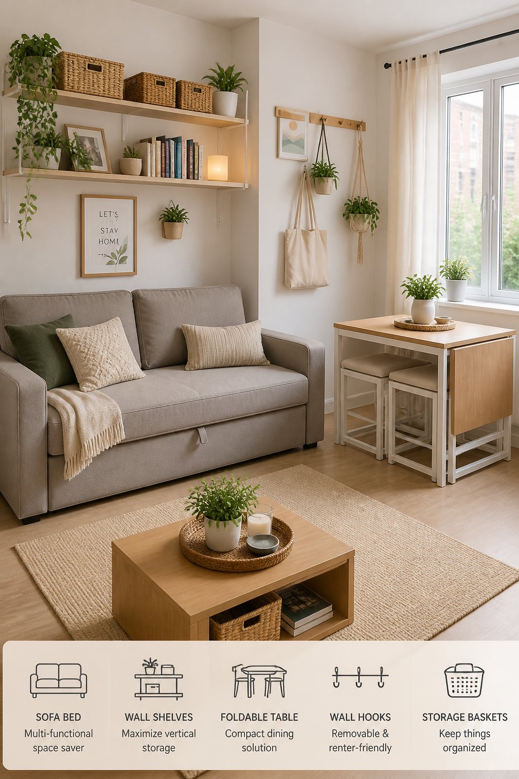 A bright living room with space-saving furniture, wall-mounted shelves, and organized storage solutions.