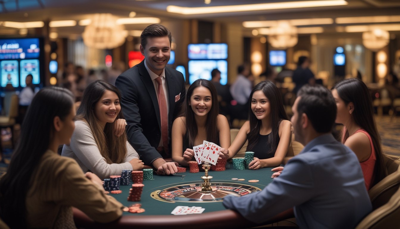 Seorang dealer kasino tersenyum kepada sekelompok pemain baru yang sedang belajar bermain di meja permainan kasino dengan chip dan kartu.