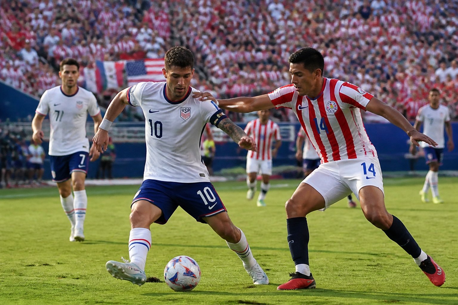 ABD ve Paraguay takımları arasında bir Dünya Kupası maçında oyuncular top için mücadele ediyor, tribünlerde taraftarlar tezahürat yapıyor.