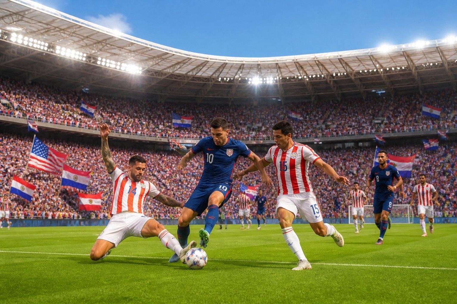 ABD ve Paraguay arasında bir Dünya Kupası futbol maçında, oyuncular sahada mücadele ediyor ve tribünlerde taraftarlar bayraklarla destek veriyor.